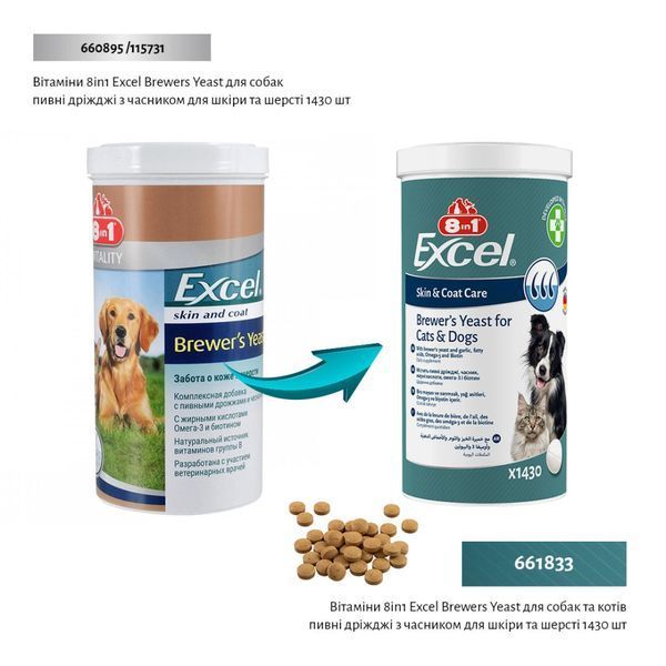 Вітаміни 8in1 Excel Brewers Yeast для собак та котів пивні дріжджі з часником для шкіри та шерсті 1430 шт 661833 фото