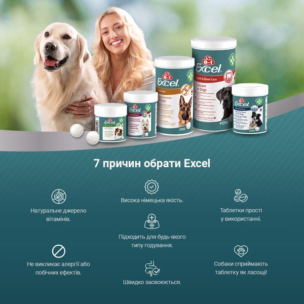 Вітаміни 8in1 Excel Brewers Yeast для собак та котів пивні дріжджі з часником для шкіри та шерсті 1430 шт 661833 фото