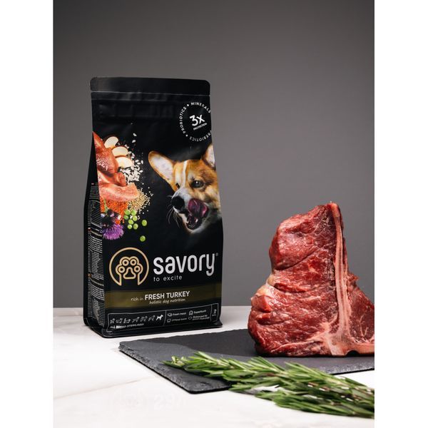 Корм сухий Savory All Breed Sterilised rich in Fresh Turkey для стерилізованих собак усіх порід зі свіжою індичкою 1 кг 31492 фото