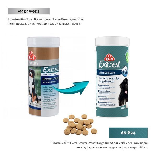 Вітаміни 8in1 Excel Brewers Yeast Large Breed для собак великих порід пивні дріжджі з часником для шкіри та шерсті 80 шт 661824 фото